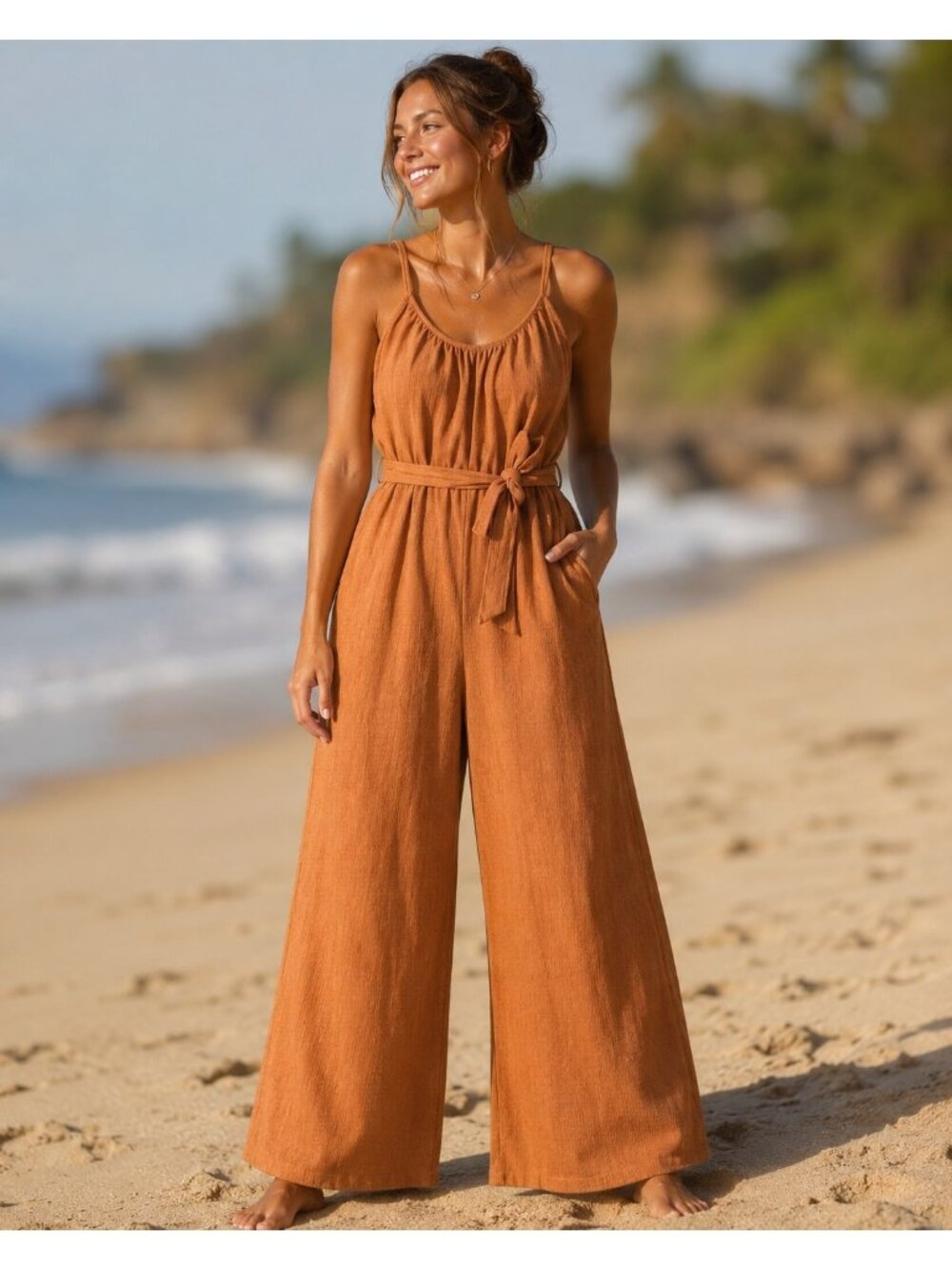 H&M Orange Gauzy Jumpsuit Lightweight Flowy Beach Size Medium‎ Women's